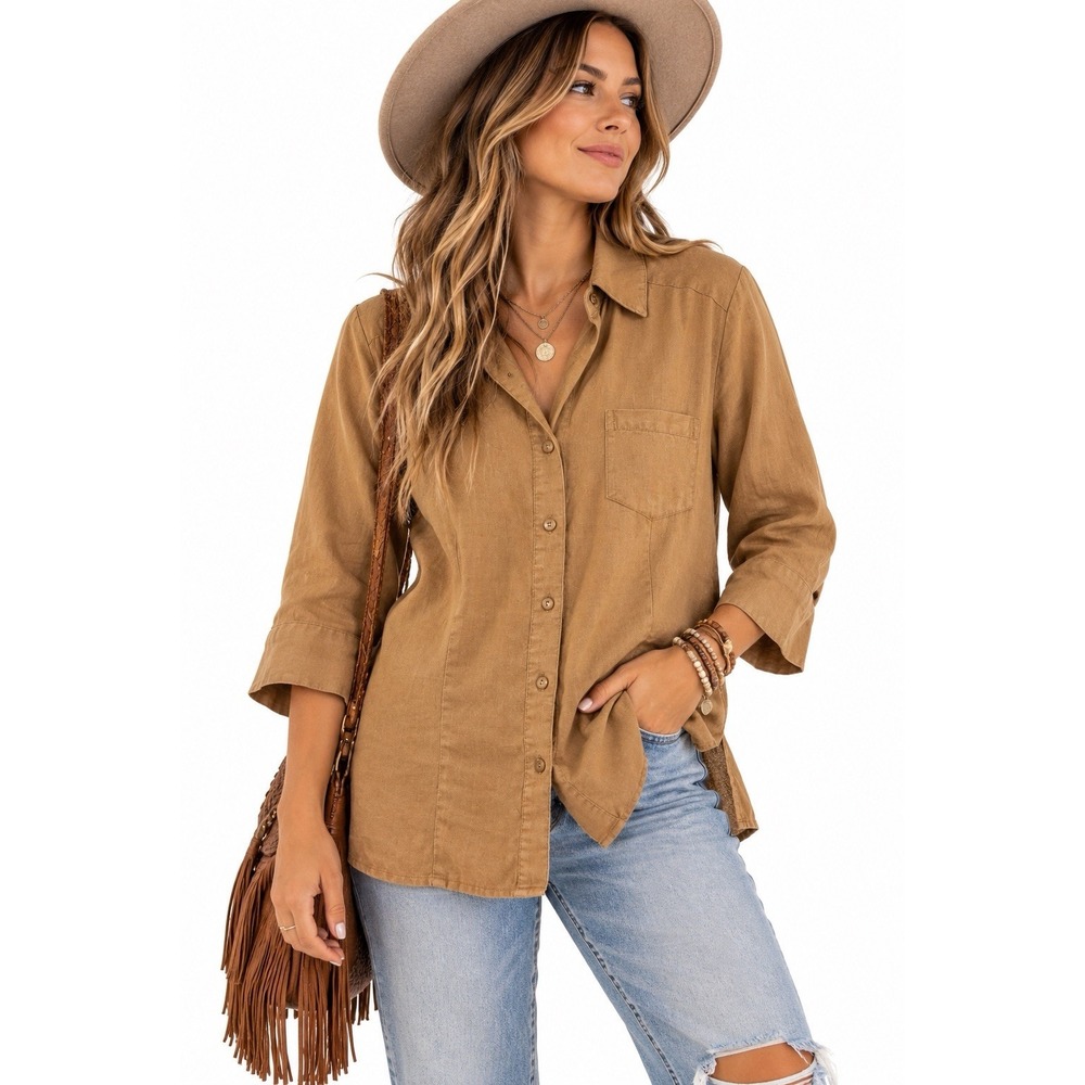 Kim Rogers 100% Linen 3/4 Sleeve Button Down Tunic Top PS Brown Lagenlook Boho